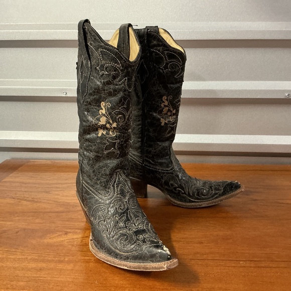Corral VTG Black Embroidered Cowboy Boots Women 7.5M Western Leather Square Toe - Picture 1 of 13